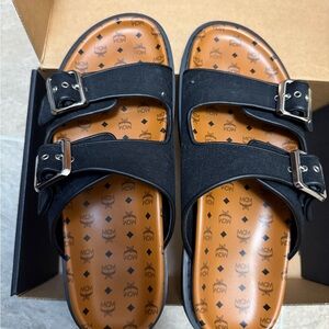 MCM Black and Tan Buckle Sandals